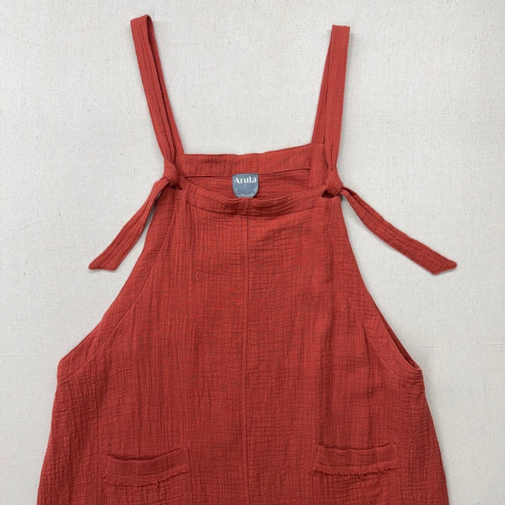 Arula Women Rust Red Gauze Pinafore Mini Dress Tie Strap Pockets Size A XL - Picture 2 of 9